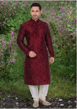 Red Color Dupion And Art Silk Fabric Kurta Set